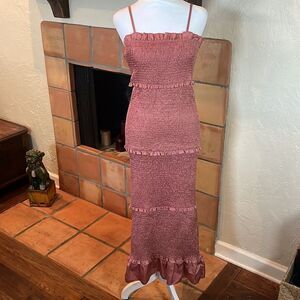 MABLE Body-Con Smocked Strappy Midi Dress, Rose Mauve, size L